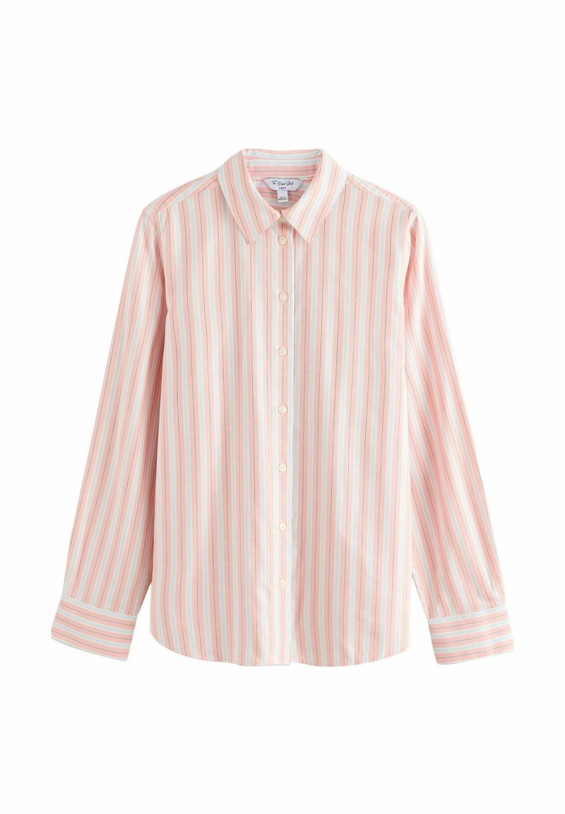 Camicia leggera con bottoni, maniche lunghe, caratterizzata da righe verticali in rosa, bianco e blu. Materiale in cotone con colletto classico.