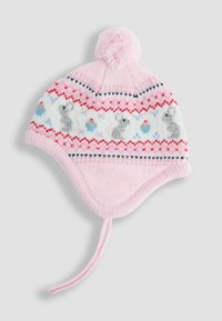 Cappello di lana rosa con orecchie, pompon in cima e un motivo fair isle che presenta coniglietti e cuori in colori pastello. Texture morbida.