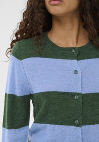 Cardigan rayé vert et bleu clair avec un col rond, doté de cinq boutons et d'un tissu en maille doux et texturé.