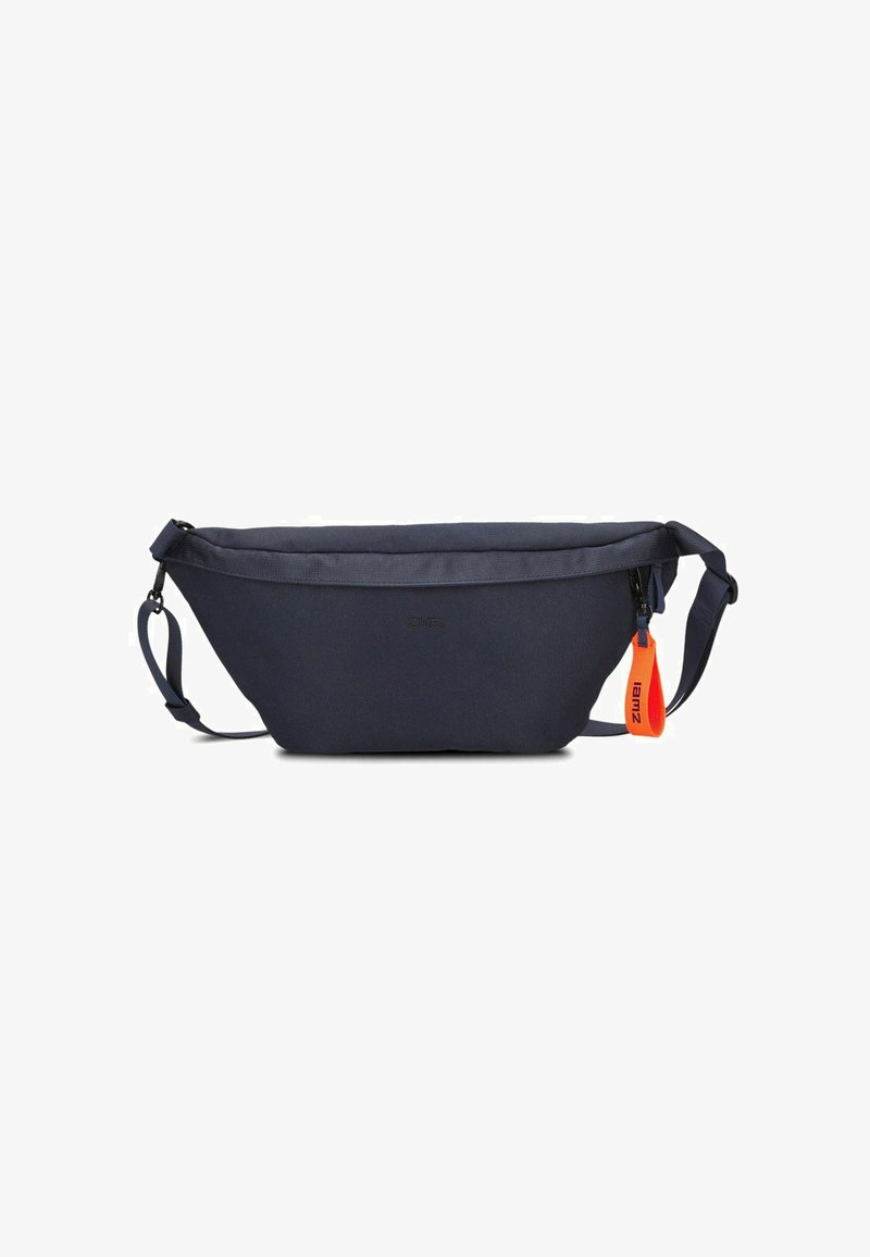 Marineblauwe stoffen heuptas met een slank ontwerp, verstelbare schouderband, ritssluiting en een oranje ritssluiting voor extra detail.