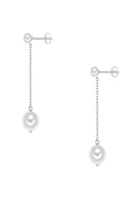 Pendientes de gota con perlas que presentan una perla blanca brillante en una cadena delgada, con un elegante poste de plata y una segunda perla más pequeña en la parte superior.