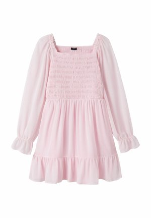 Šviesiai rožinė, ilgomis rankovėmis su smogtu liemeniu, kvadratine iškirpte, elastingais rankogaliais ir raukšlėtu apdailos kraštu, sukurta laisvesniam, moteriškam prigludimui.