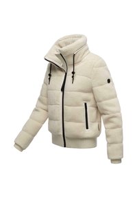 Witte, fleece pufferjack met een hoge kraag, zwarte rits en accenten. Voorzien van ribgebreide manchetten en zoom, evenals zijzakken.