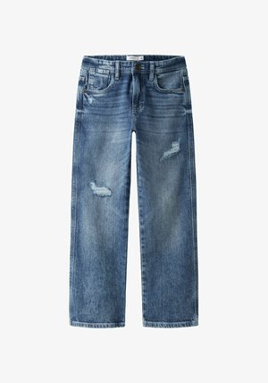 Jean en denim bleu avec une coupe droite, présentant des détails usés, des coutures de poche et une fermeture devant à boutons.