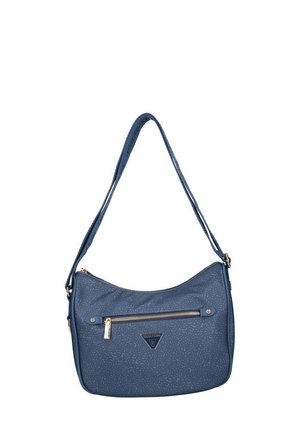 Borsa a spalla blu con superficie texturizzata, tasca frontale con cerniera e tracolla regolabile su sfondo bianco.