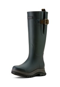 Green rubber knee-high boot with a textured surface, a brown adjustable strap, and a sturdy black sole with treads for traction.