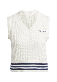 Bílý pletený svetřík bez rukávů s výstřihem do V, zdobený texturovaným vzorem a námořnicky modrými pruhy na spodním lemu. Logo na horní levé straně.