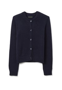 Cardigan lavorato a maglia blu navy con scollo rotondo, chiusura a cinque bottoni e polsini e orlo a coste. Il tessuto testurizzato presenta un motivo sottile.