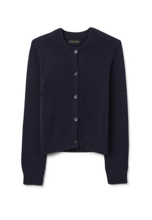 Marineblauer Strickcardigan mit rundem Ausschnitt, Fünf-Knopf-Verschluss und gerippten Bündchen und Saum. Das strukturierte Gewebe zeigt ein dezentes Muster.