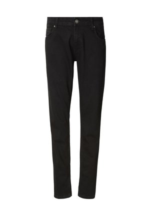 Sorte denimjeans med slim fit, med knappelukking foran, beltehemper og fire lommer. Glatt tekstur med minimale sømdetaljer.