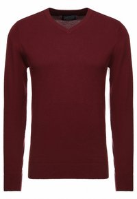 Burgunderfarbener V-Ausschnitt-Pullover aus weichem Strickstoff. Langärmlig mit gerippten Bündchen und Saum. Schlicht, einfarbig ohne sichtbare Muster.