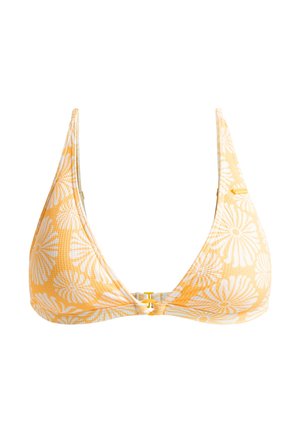 Yellow bikini top in a triangular shape, textured fabric with white floral pattern, featuring a gold clasp in the center.