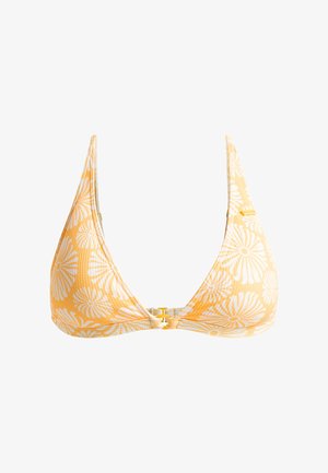 Žlutý trojúhelníkový bikiny top, texturovaná látka s bílým květinovým vzorem, s zlatým zapínáním uprostřed.