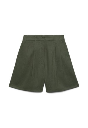 Short taille haute vert olive avec plis à l’avant, passants de ceinture et fermeture avant dissimulée, présenté sur fond blanc.