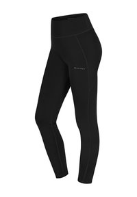 Zwarte high-waisted leggings van rekbare stof, met platte naden en een klein logo-detail. Glad oppervlak en een figuurvormend ontwerp.