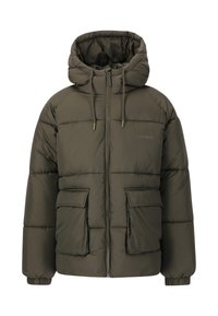 Olivengrøn vinterjakke med vattering, hætte, frontlynlås, snoretræk og to store lommer med klap, elastiske manchetter.