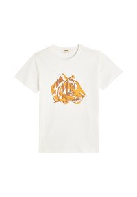 Hvid bomulds T-shirt med et stiliseret grafisk motiv af et orange og gult tigerhoved på fronten. Korte ærmer og rund halsudskæring.