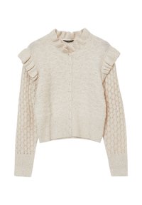 Cardigan in stile uncinetto color beige chiaro con colletto alto, chiusura frontale con bottoni e maniche a volant; presenta motivi a maglia testurizzati.
