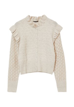 Crochet-style cardigan in light beige with a high collar, front button closure, and ruffled sleeves; features textured knit patterns.