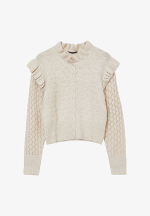 Cardigan in stile uncinetto color beige chiaro con colletto alto, chiusura frontale con bottoni e maniche a volant; presenta motivi a maglia testurizzati.