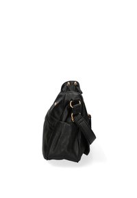 Borsa a mano in pelle nera testurizzata con hardware dorato, doppi manici superiori e tracolla removibile. Design spazioso con tasche laterali.