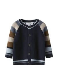 Dark blue knitted cardigan with ribbed texture, striped sleeves in beige, blue, and brown. Features a button closure and a round neckline.