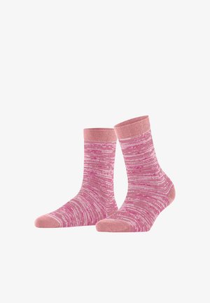 Pair of pink and white marbled crew socks with solid pink cuffs, heels, and toes on a white background.
