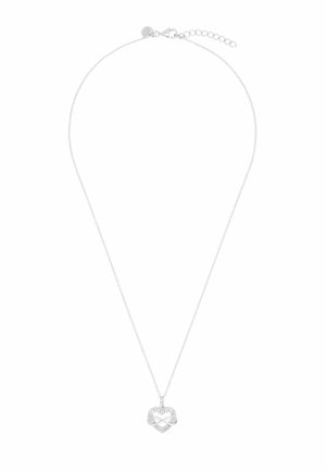 Collar de plata con cadena fina y colgante en forma de corazón que presenta un símbolo de infinito entrelazado con pequeños cristales.