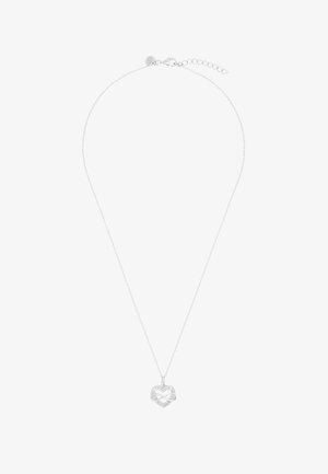 Collar de plata con cadena fina y colgante en forma de corazón que presenta un símbolo de infinito entrelazado con pequeños cristales.