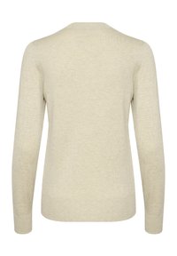Beige hosszú ujjú pulóver kerek nyakkal, bordás mandzsettákkal és aljjal. Puha tapintású, finom melírozott mintával.
