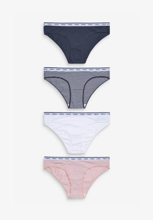 Vier Paare Damenunterwäsche: marineblau, gestreift in Marineblau, weiß und pfirsichgestreift. Mit einem weichen Bund mit "next"-Logo aus Baumwollmischung.