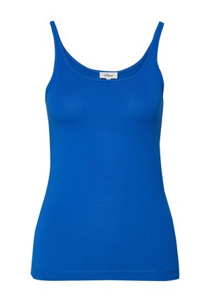 Blaues ärmelloses, enganliegendes Tanktop mit dünnen Schulterträgern und einem kleinen Markenetikett am Ausschnitt.