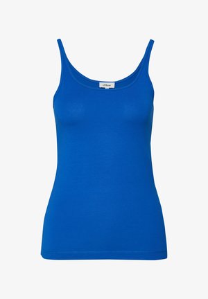 Blauw nauwsluitend mouwloos hemd met dunne schouderbandjes en een klein merklabel op de halslijn.