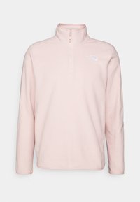 Pullover in pile rosa chiaro con colletto a metà zip, maniche lunghe e logo bianco sul lato sinistro del petto. Texture morbida, design casual.