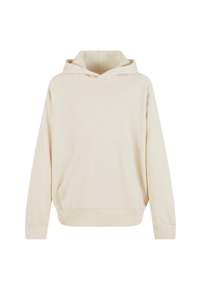 Lys beige hettegenser med lommer foran, ribbede mansjetter og nederkant. Laget av mykt stoff med en avslappet, løs passform.