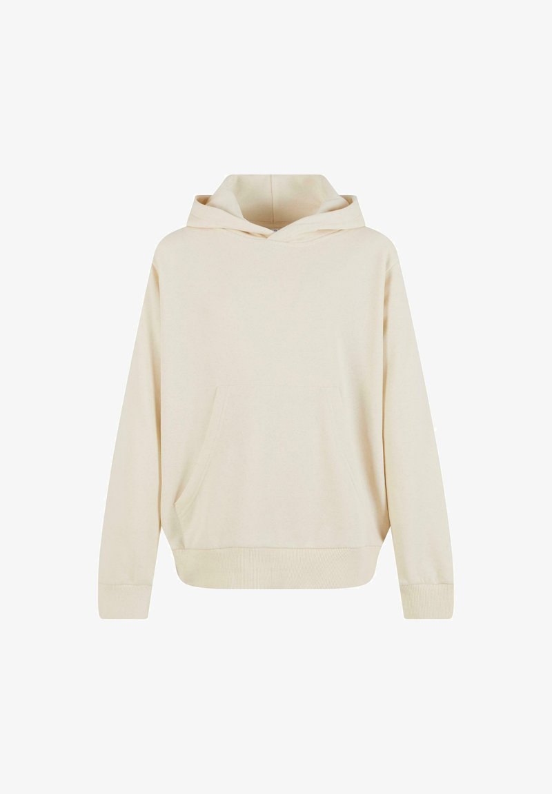 Sudadera con capucha de color beige claro, con un bolsillo frontal, puños y dobladillo acanalados. Hecha de una tela suave con un corte relajado y holgado.