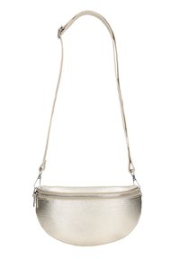 Metalen crèmekleurige hobo tas met een gestructureerde afwerking, gebogen vorm en een enkele verstelbare schouderband. Voorzien van een ritsluiting aan de bovenkant en glanzende hardware.