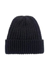 Zwarte gebreide beanie met een geribbelde rand en een textuurafwerking. Heeft een afgeronde bovenkant en een consistent patroon over de hele lengte.