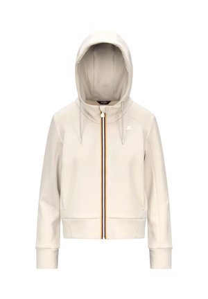 Felpa beige con cappuccio, cerniera integrale e accenti a righe colorate al centro. Presenta polsini a coste e cappuccio con coulisse.