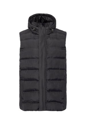 Gilet imbottito nero con colletto alto, chiusura a zip frontale e due tasche laterali; realizzato in tessuto morbido con finitura opaca.