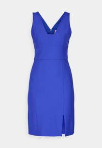 Robe sans manches bleu roi longueur genou avec col en V, taille cintrée, fermeture éclair au dos et fente à l'avant de la jupe.