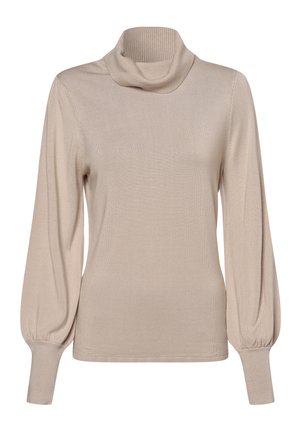 Pull beige à col roulé manches longues avec poignets et col côtelés, avec un design de manches légèrement bouffantes.