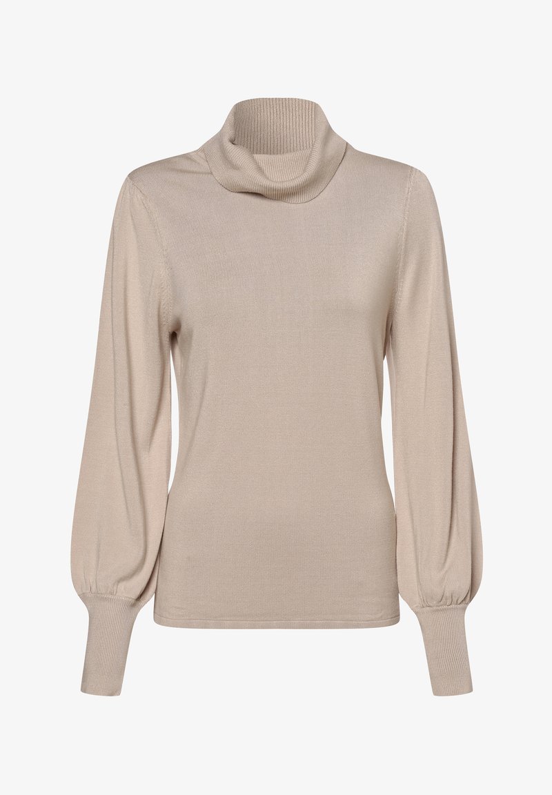 Pull beige à col roulé manches longues avec poignets et col côtelés, avec un design de manches légèrement bouffantes.