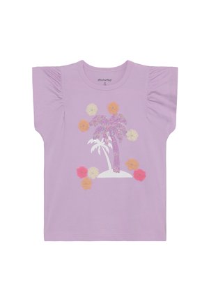Maglietta lilla a maniche corte con dettagli arricciati, con grafica di una palma e fiori colorati in tonalità pastello assortite.