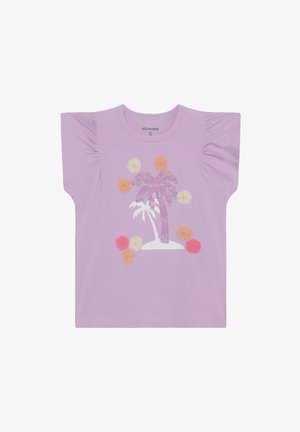 Lilla T-shirt med korte ærmer og flæsedetaljer, med en grafik af en palme og farverige blomster i forskellige pastelfarver.