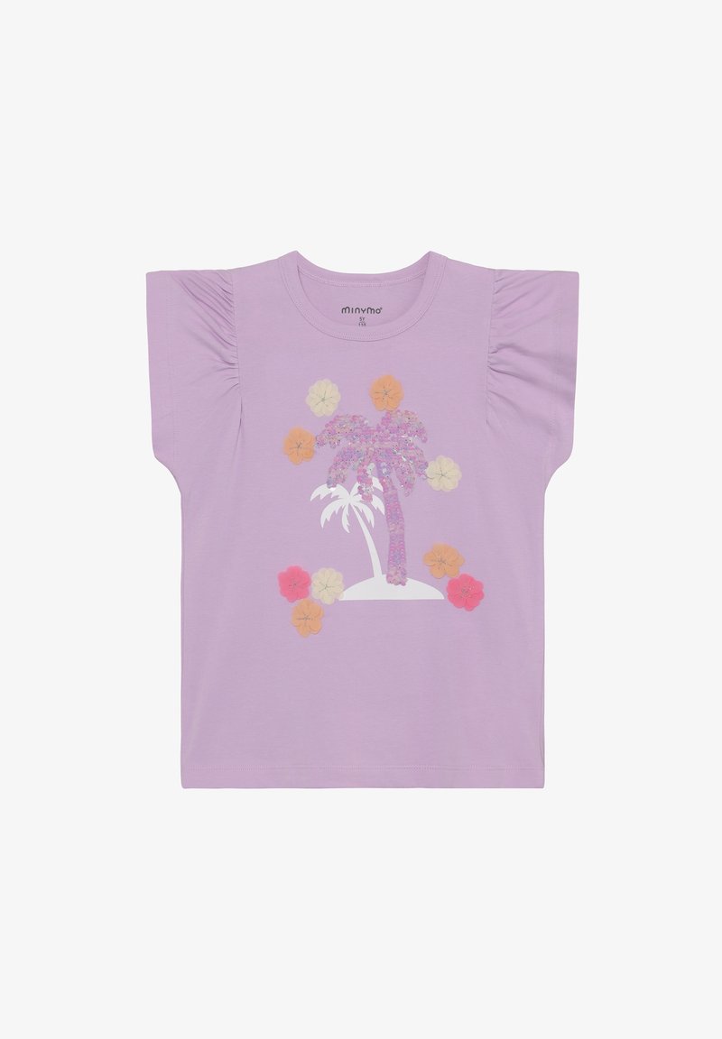 T-shirt lilas à manches courtes avec des accents à volants, arborant un graphisme d'un palmier et des fleurs colorées dans des tons pastel variés.