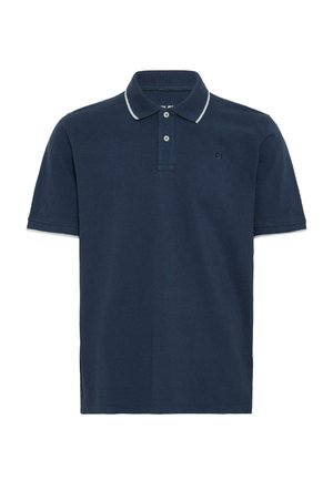 Granatowa koszulka polo wykonana z bawełny. Posiada jednolity design, zapięcie na dwa guziki oraz kontrastowe wykończenie kołnierza w kolorze białym. Detal z logo z przodu.