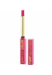 Prodotto per le labbra di un rosa brillante in un tubo trasparente con un applicatore dorato. Accompagnato da una scatola rosa etichettata con i dettagli del prodotto in testo giallo.