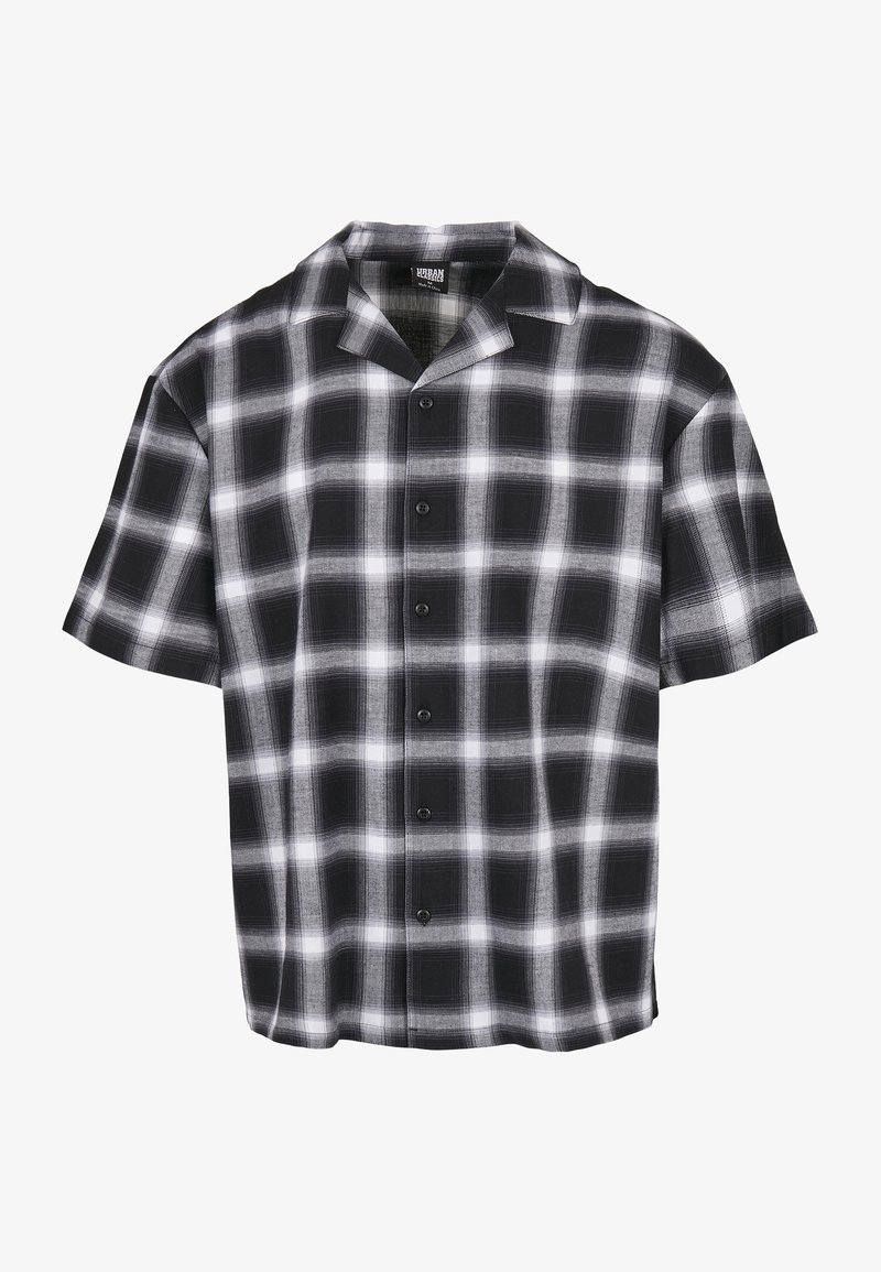 Chemise noire et blanche à manches courtes boutonnée avec un motif à carreaux et un col camp.