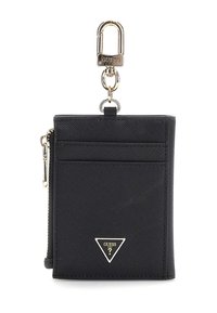 Portafoglio nero con superficie testurizzata, hardware dorato, scomparto con zip e slot per carte. Include un gancio per chiavi e un dettaglio con logo.